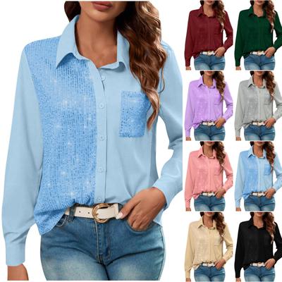 Women's Fashionable Color Lapel Long Sleeved Pocket Button Casual Loose Sequin Shirt Top