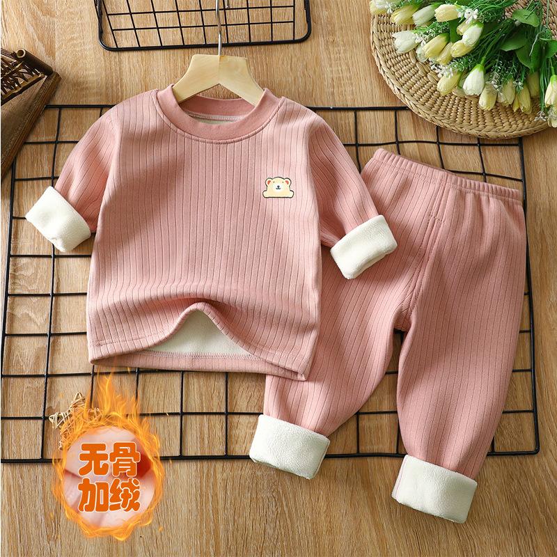 Children's Warmth Set with Thick Velvet for Autumn and Winter, New Baby Underwear, Mid Autumn Clothes, Autumn Pants, Children's Set