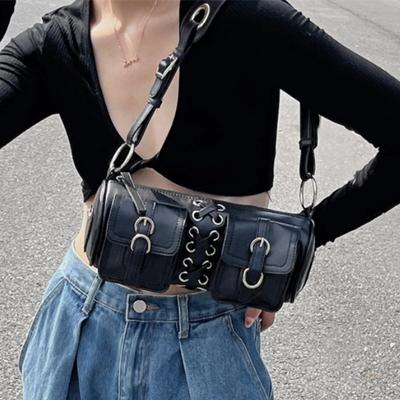 Vintage Black Women Cylinder Underarm Bags Double Pocket Design Ladies Shoulder Bag Fashi Female PU Leather Purse Handbags