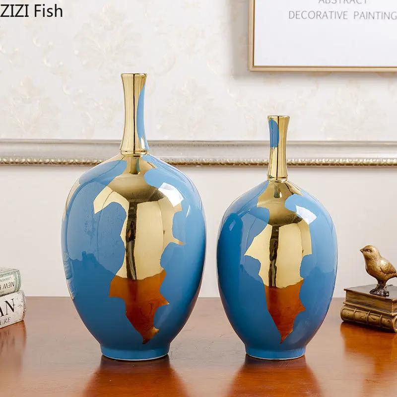 Gold-plated Ceramic Vase Modern Design Flower Pots Desk Decoration Artificial Flowers Decorative Shiny Porcelain Floral Vases
