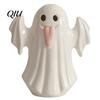 Decorative Ghost Sculpture Light Up Ceramic Figurines for Halloween Decor, Cute White Statue Gift Party with Pink Tongue, LED Night Home Table Office