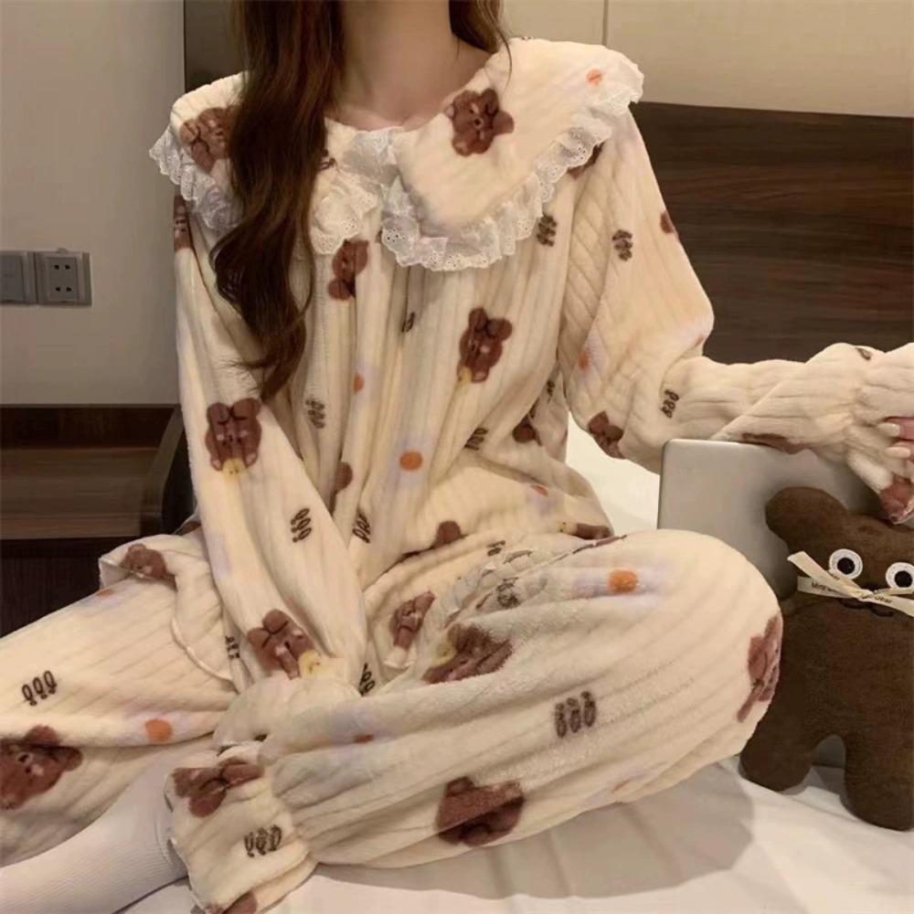 **Kadın Flanel Pijama Takımı Yuvarlak Yaka Jakarlı Uzun Peluş Kalın Sıcak Ev Giyimi**