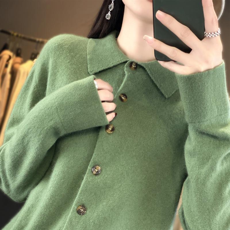 Women's POLO Neck Sweaters Fashion Cardigans Casual Solid Color Print Autumn Winter Long Sleeve