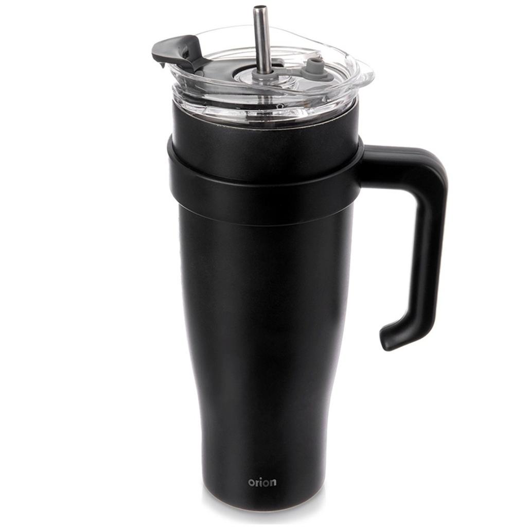 STALOWY KUBEK TERMICZNY TERMOS 1200ml Z RĄCZKĄ I SŁOMKĄ ORION 112284 CZARNY