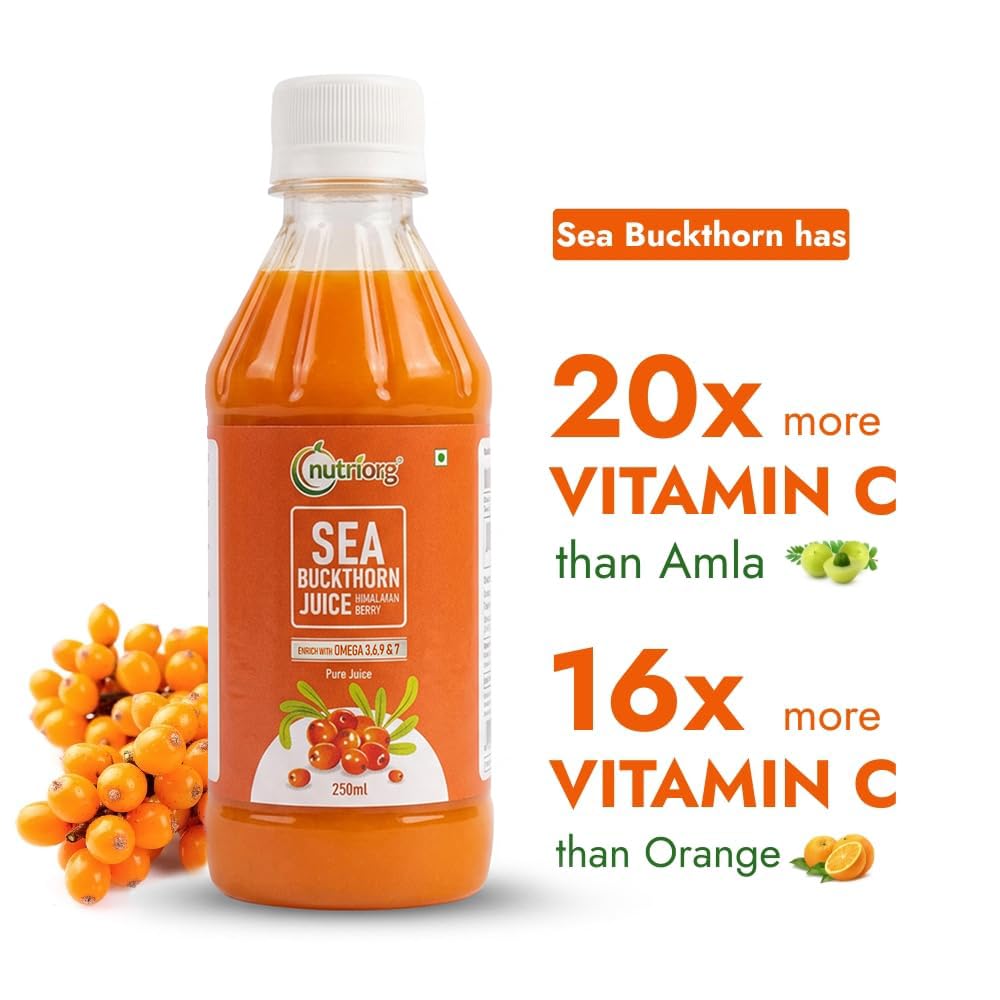 NutriOrg Czysty Sok z Rokitnika 250 ml | 100% Miąższ z Jagód Himalajskich | Omega 3,6,7,9 i Witamina C | Najlepszy dla Odporności & Bogaty w Antyoksydanty | Bez Dodatku