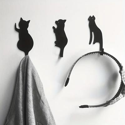 3pcs Cute Cat Design Metal Hooks Simple Robe and Towel Hooks, Nail-free and Punch-free with Strong Adhesive for Wall Decoration