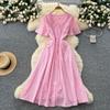Summer women's niche French heavy industry embroidery waist V-neck short-sleeved dress women's thin temperament single-breasted long dress