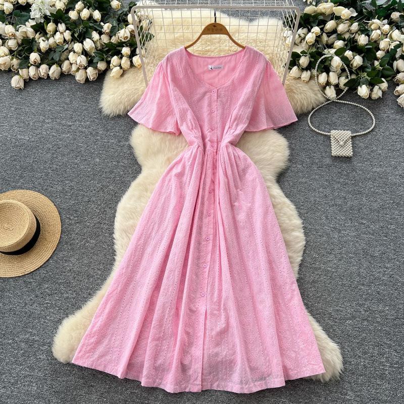 Summer women's niche French heavy industry embroidery waist V-neck short-sleeved dress women's thin temperament single-breasted long dress