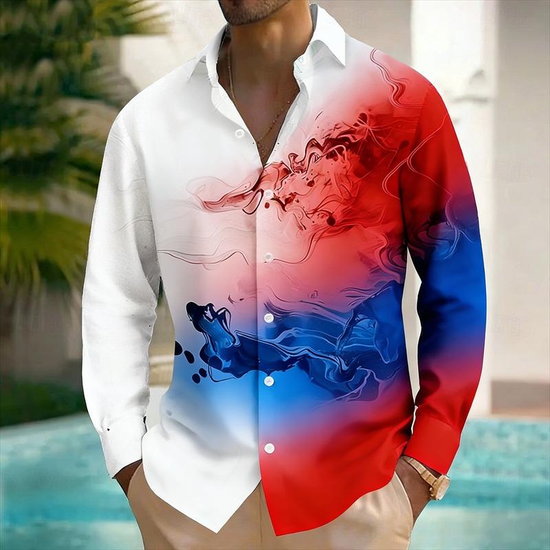New Men's Long Sleeved Shirt with Harajuku Style 3D Ink Printed Long Sleeved Color Block Pattern Top and Shirt