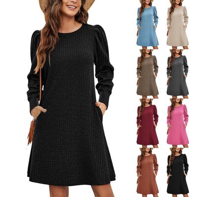 Women Casual Sweater Dress Winter Knitted Sundress Wiht Pockets Long Sleeve Tunic Clothes Keep Warm Midi Dresses