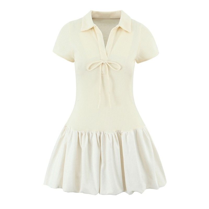 

Love Fairy Vietnam Niche Waffle Cream Sweet Girl Lapel Bow Patchwork Flower Bud Dress Cream apricot M