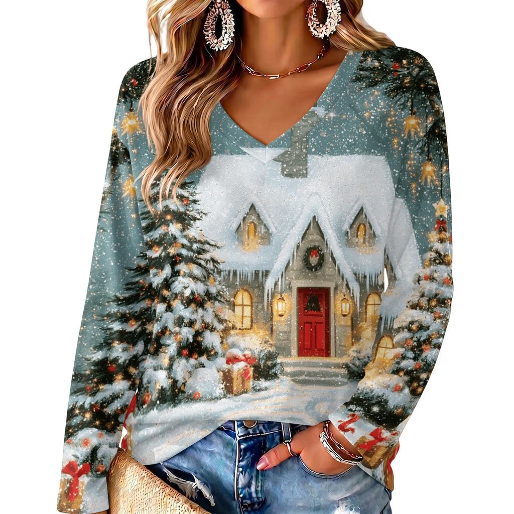 Women's V-Neck Long Sleeve Lightweight Top with Christmas Print for Spring and Summer