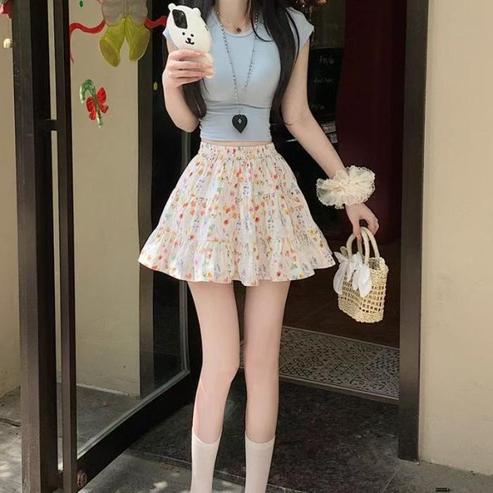 Women's Floral Print A-Line Mini Skirt - Summer High Waist, Slimming Korean Style, Sweet Pleated, Petite Layered Cake Design
