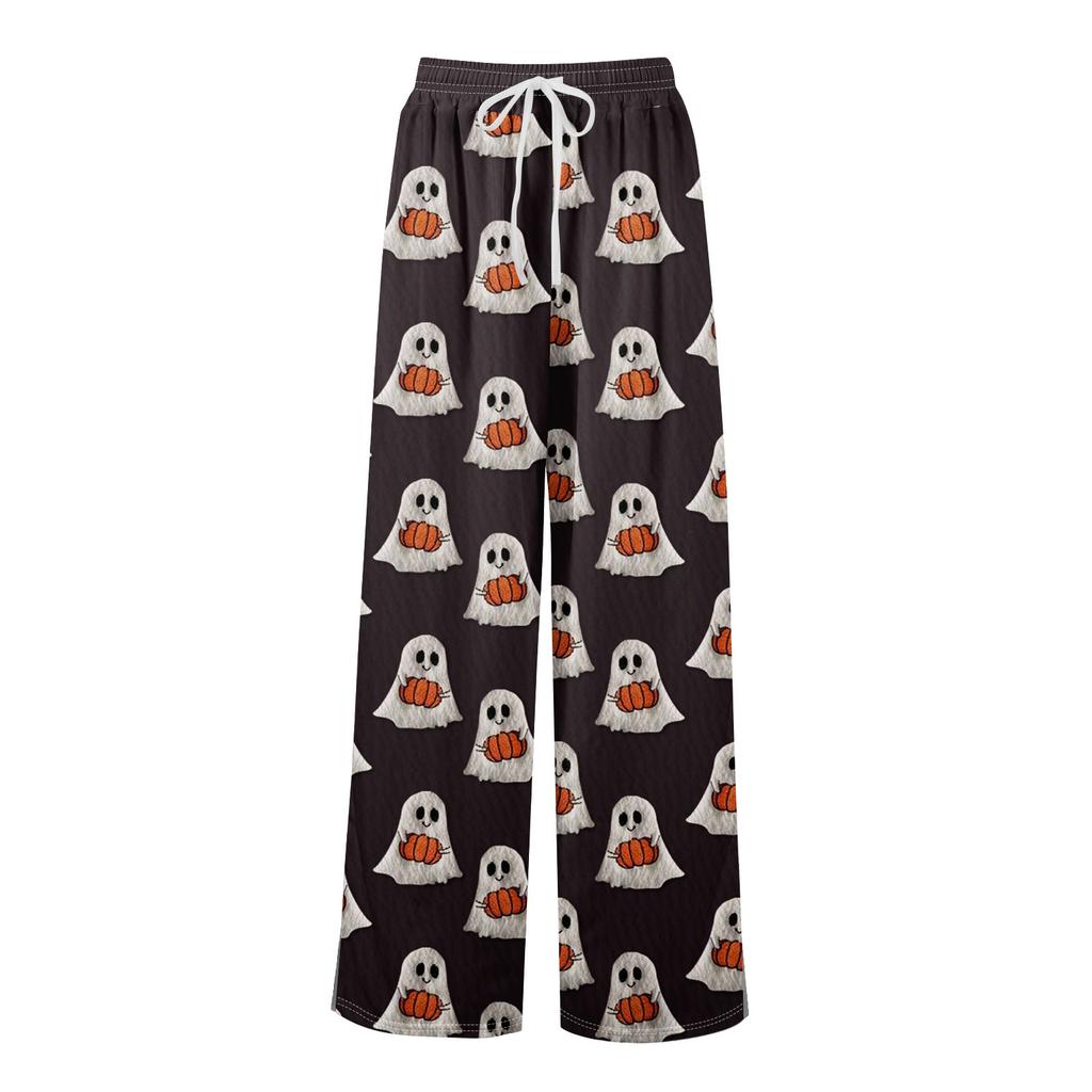 Women Summer Boho Palazzo Pants High Waist Wide Leg Halloween Printing Casual Trousers With Pockets