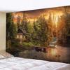 Sunset Forest Cabin Tapestry Lakeside House with Boat and Pine Trees Wall Hanging Home Bedroom Living Room Decor