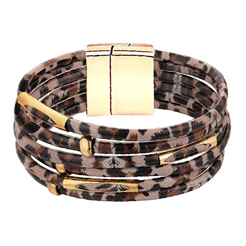 Leopard Print Magnetic Buckle Leather Bracelet: Alloy Beaded Cord with Copper Tube