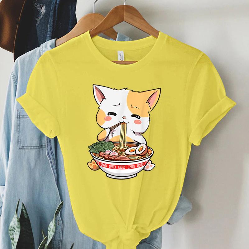 Tshirt Print Lovely Cat Ramen Cute Graphic Tee Casual Shirt Women Oversized Loose Fashion Trend Tshirt Cat Ramen Summer Shirt