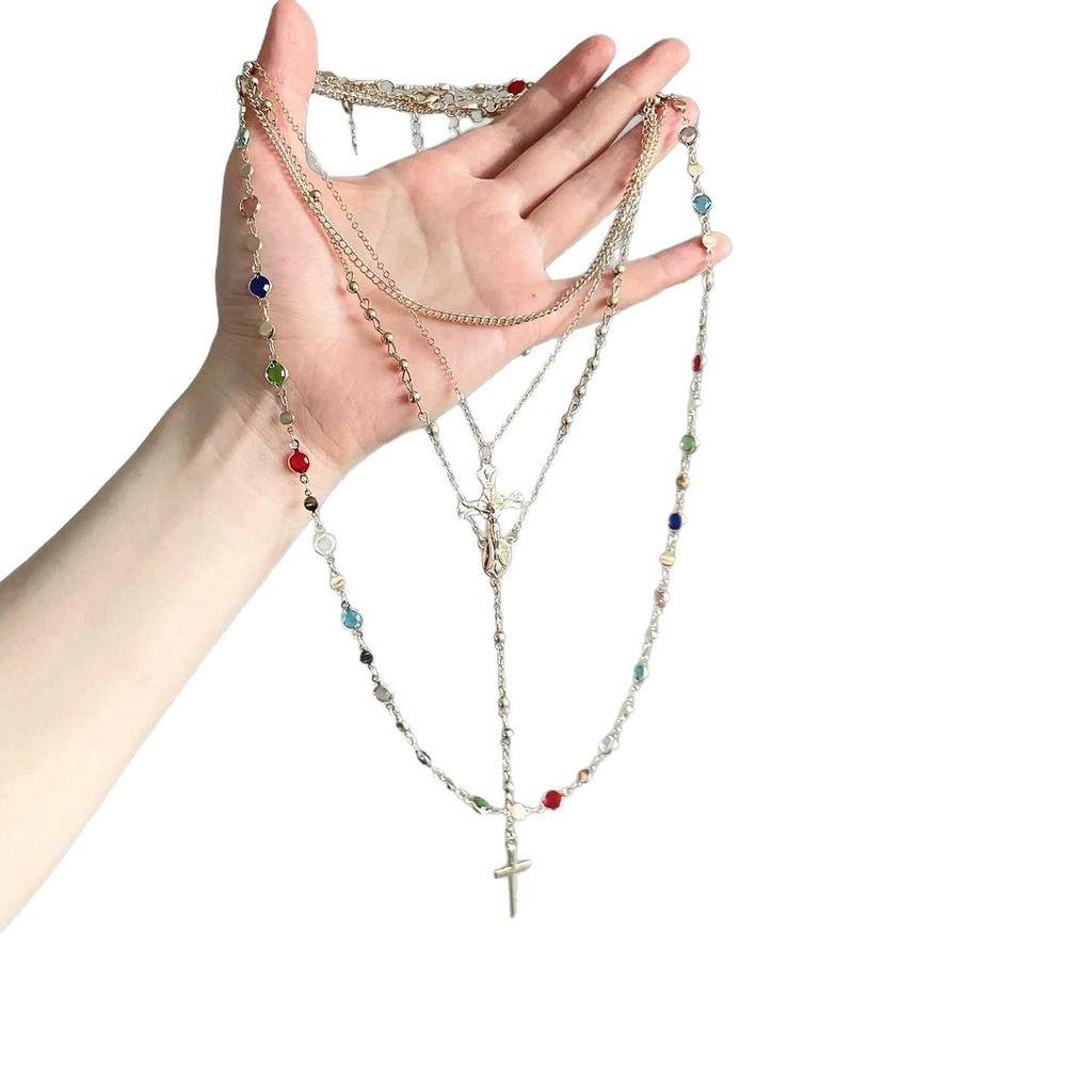 Bohemian Retro Rhinestone Multi-layer Cross Necklace, Women's Fashion Clavicle Chain