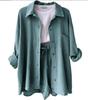 2024 Autumn Women's Two-Piece Set: Wrinkled Long Sleeve Shirt & High Waist Drawstring Shorts