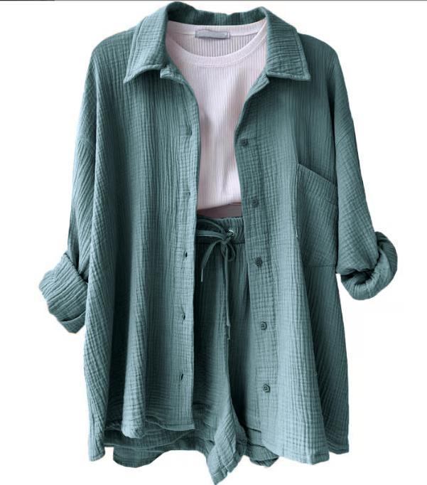 2024 Autumn Women's Two-Piece Set: Wrinkled Long Sleeve Shirt & High Waist Drawstring Shorts