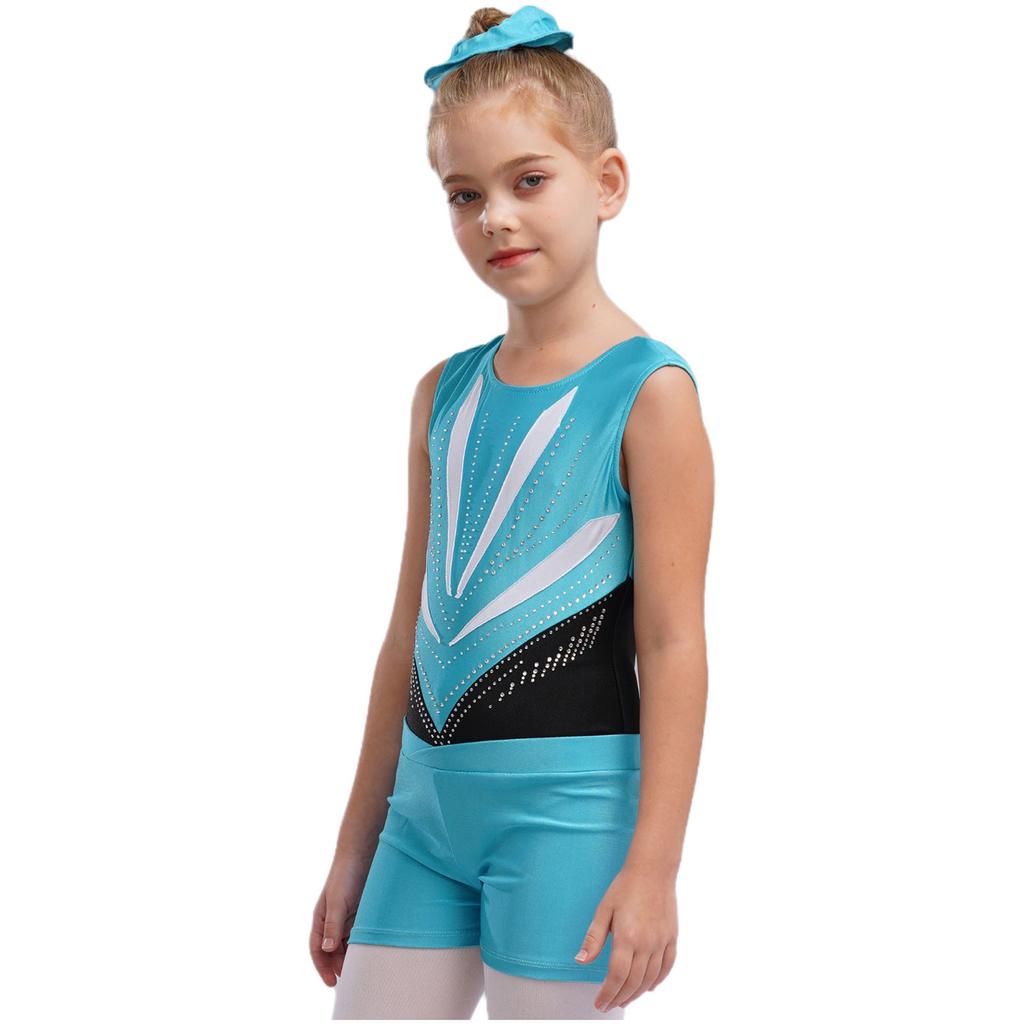 Mädchen Gymnastik Tanz Set Ärmellos Cut-out Rücken Glitzernde Strasssteine Trikot V-Bund Shorts Haargummi