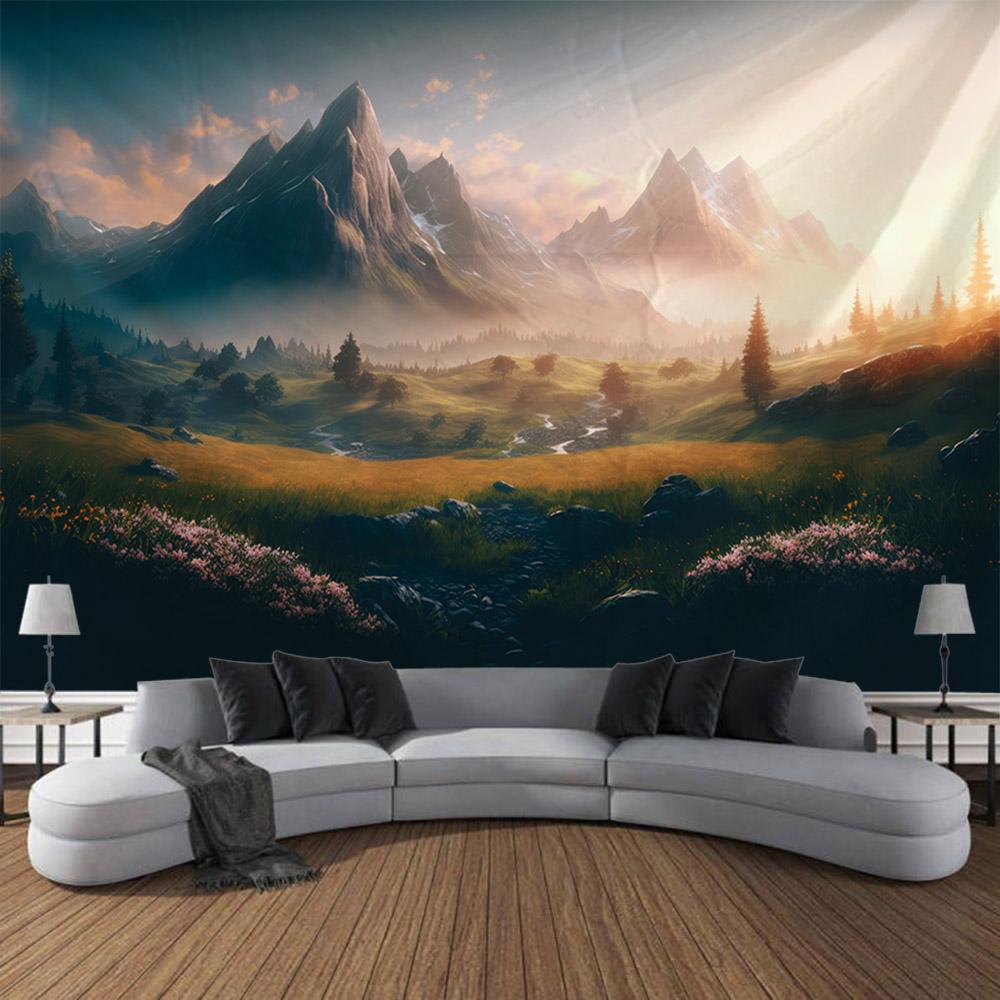 Dreamy Landscape Tapestry, Grassland Forest Wall Hanging Cloth, Living Room And Bedroom Background, Aesthetic Home Decoration