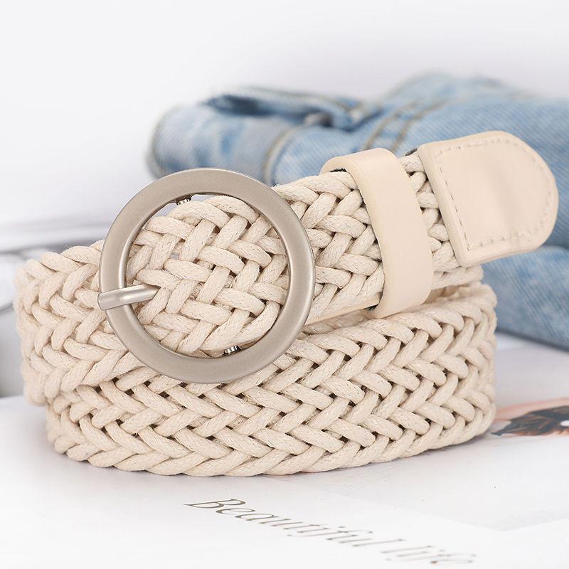 Stylish Women's Woven Waist Belt With Round Buckle Versatile Decorative Fashion Accessory