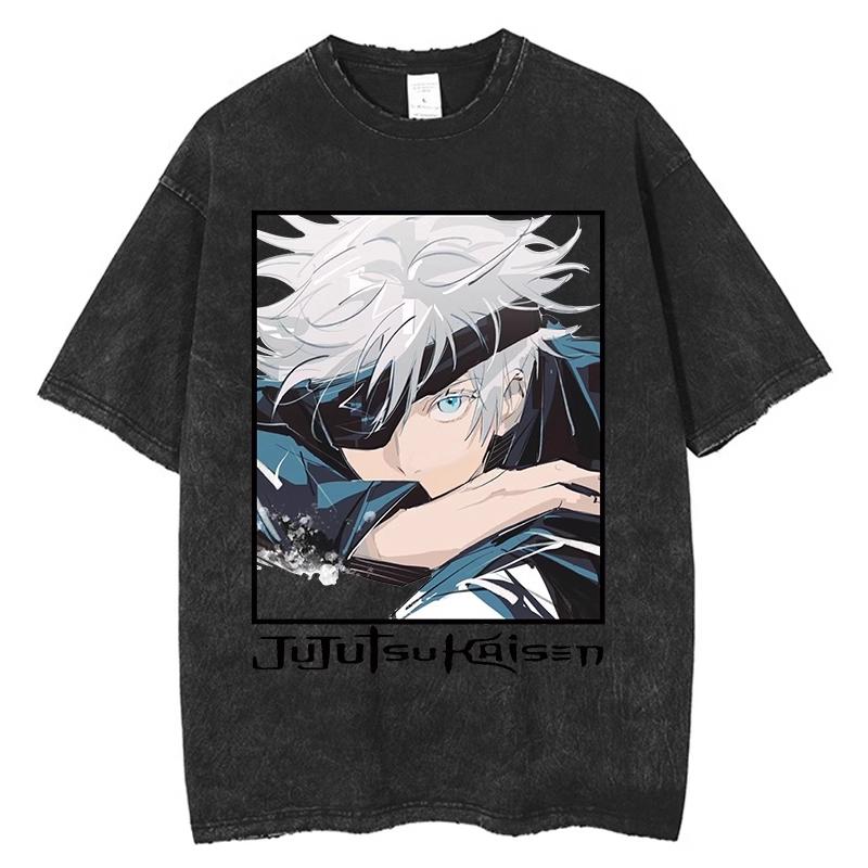 Hot Manga Jujutsu Kaisen T Shirt Gojo Satoru Print Tshirt Vintage Washed Streetwear Men Women Clothes Cotton Oversized Tee Shirt