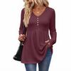 Women's Casual Fashion V-Neck Button Solid Color Long Sleeve Top