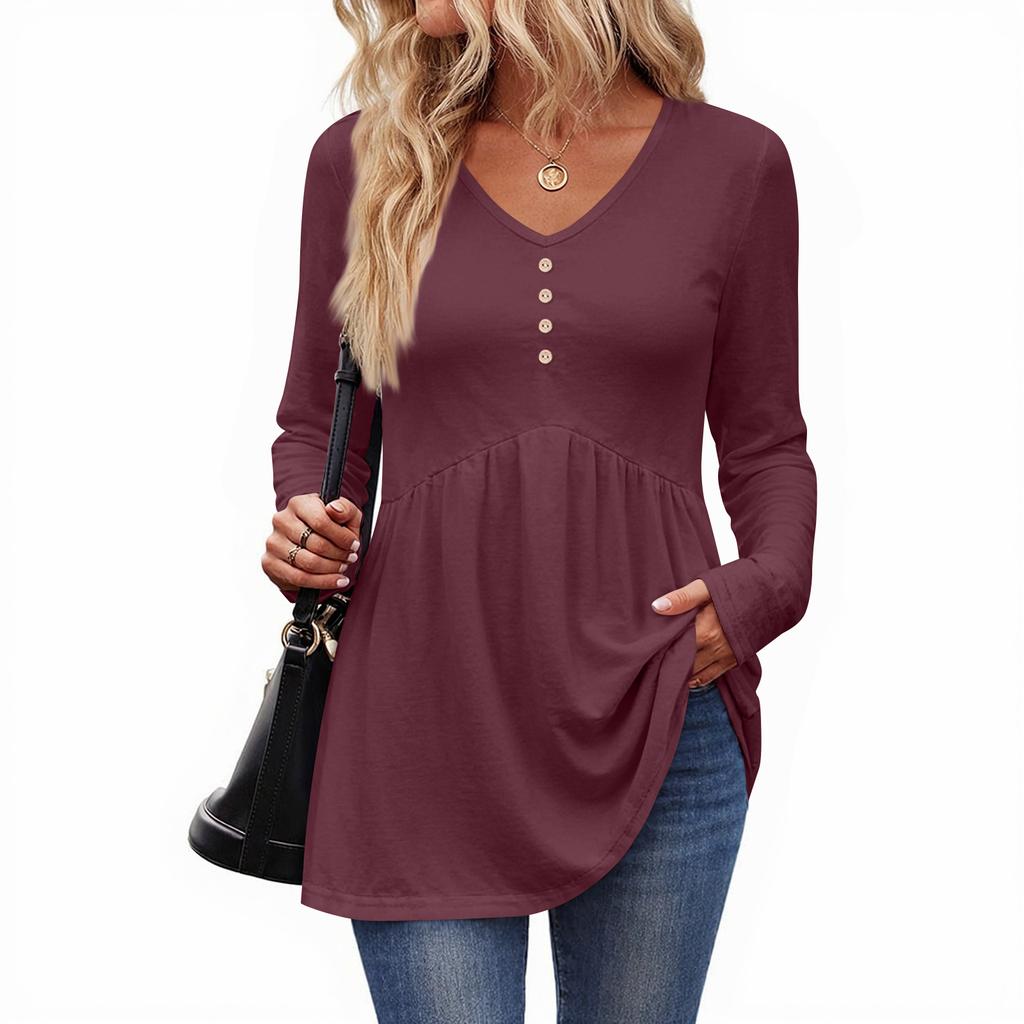 Women's Casual Fashion V-Neck Button Solid Color Long Sleeve Top