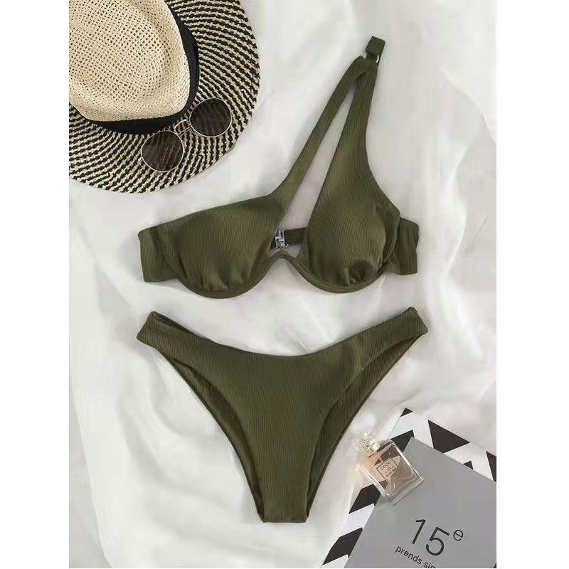 Nouvel Été Nouveau Bikini Fête de Plage Sexy Dames Maillot de Bain Deux Pièces Couleur Unie Une Épaule Ensembles Soutien-Gorge Français Femmes Découpé Y2k Vêtements Féminins