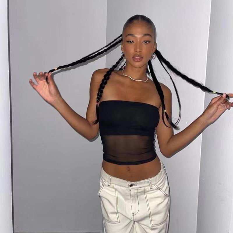 Mesh Corset Black Crop Top Women Patchwork Tube Top Sexy Sleeveless Off Shoulder Cami Summer Streetwear Slim Strapless Tank Tops