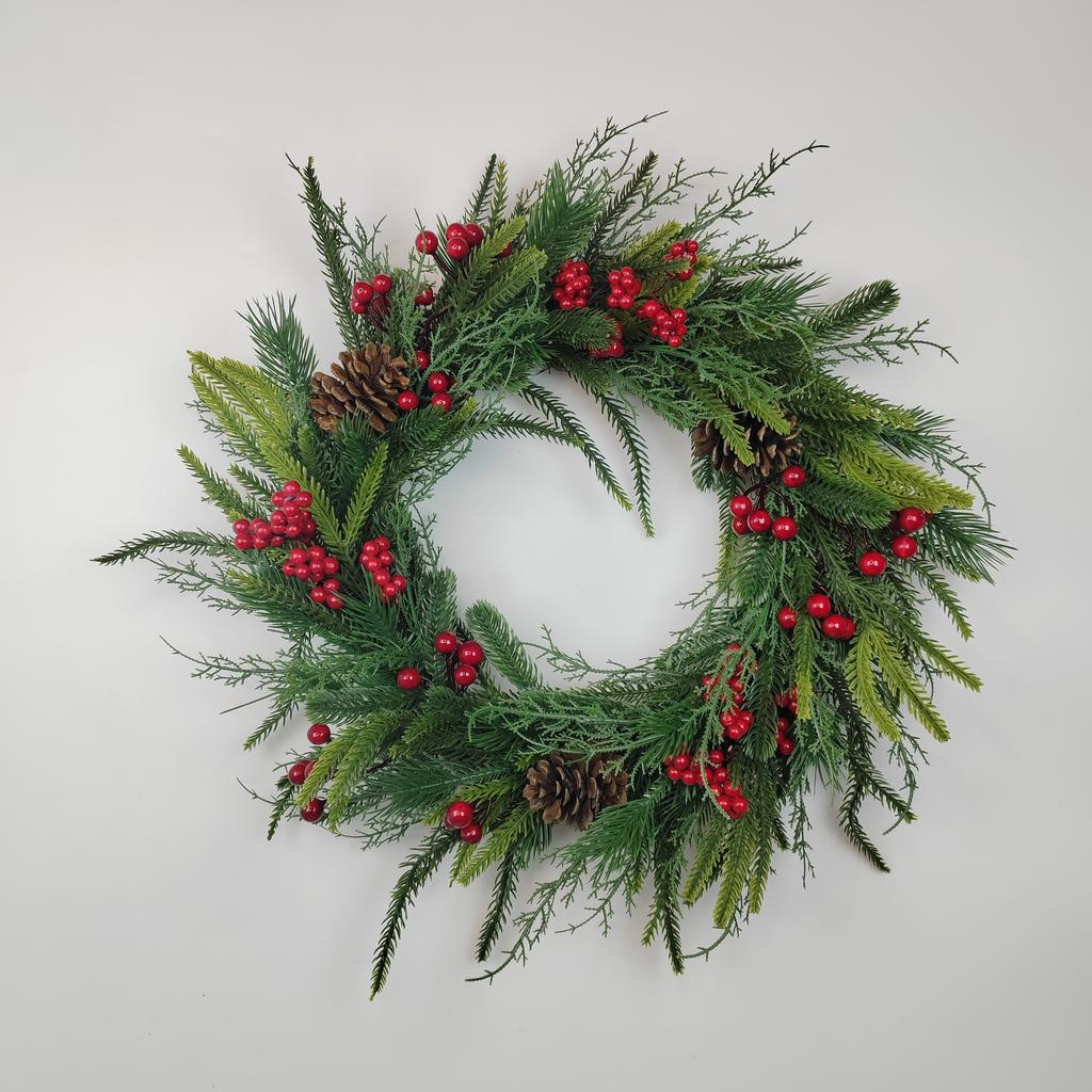 Pre-Lit Artificial Christmas Wreath,  Artificial Christmas Garland For Front Door With Red Bow, Cones, Red Berries,