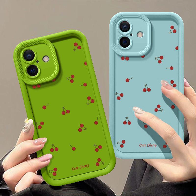 Cute Cherry Pattern TPU Soft Matte Phone Case For iPhone 16 Pro Max 15 Pro 14 13 12 11 XR XS Shockproof Lens Protection Bumper Cover