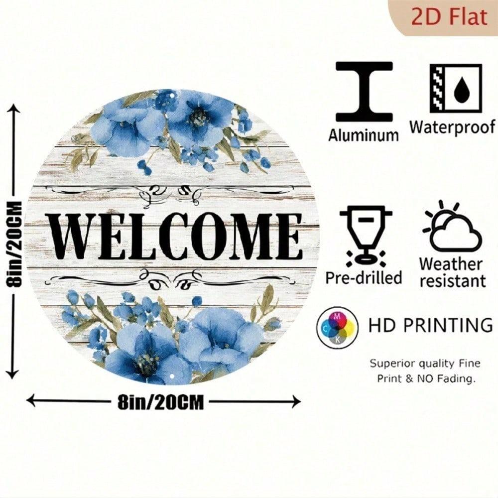 1pc Rustic Blue Floral Metal Welcome Sign 8x8 Inch Aluminum Spring Wreath Attachment for Home Door Decor