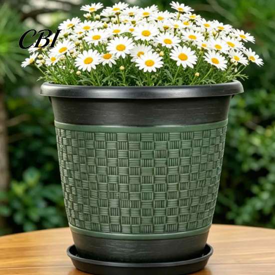 Large Capacity Garden Planters 12" Planter Pot with Saucer, Thickened Plastic Anti-Aging Flower Drainage Durable Holes, Woven Texture, Plant