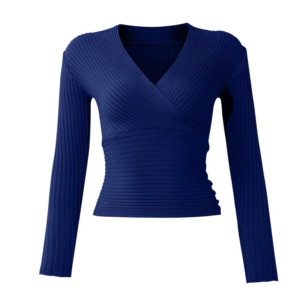 Women's And Winter Long-sleeved V-neck Knitted Sweater Slim Color Pullover Knitted Top