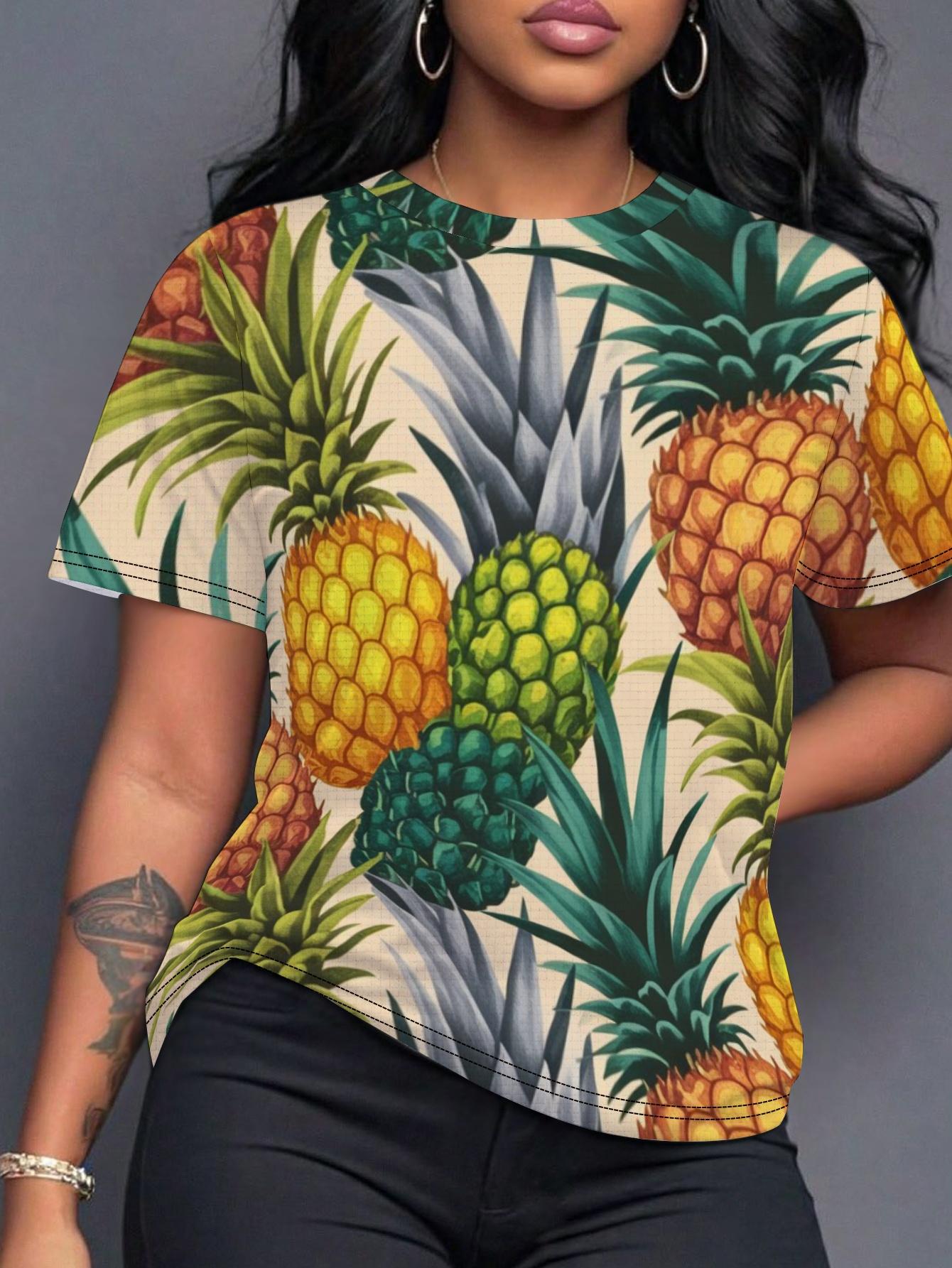 

Vintage Pineapple Plant Pattern Women s T-Shirt Digital Print Design Comfortable Fit 3XL