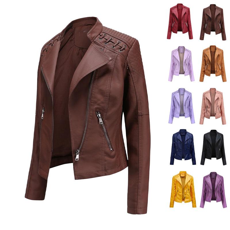 Women's Elegant PU Leather Jacket Spring Autumn Women's Leather Jacket Short Slim Fit Thin Leather Coat Women's Motorcycle Jacket