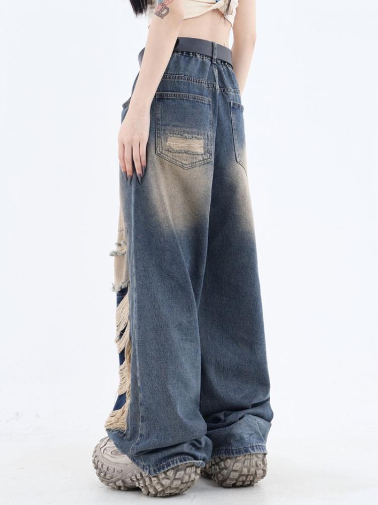 Gothic Black Jeans High Waist Vintage Women Korean Fashion Y2k Streetwear Ripped Pants Female Harajuku Casual Wide Leg Denim Trousers
