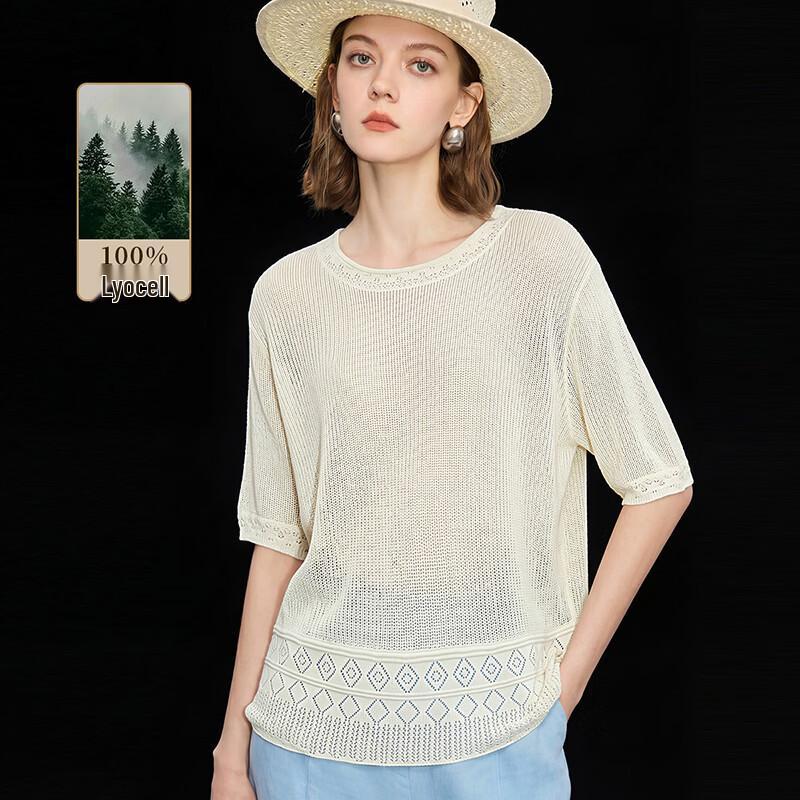 Wudao Women s 100% Lyocell Breathable Open-Knit Short Sleeve Top M