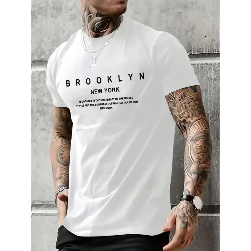 

Men S Casual Crew Neck T-Shirt, Knit Fabric, Slight Stretch, Regular Fit, Summer Wear, Brooklyn New York Print 4XL білий