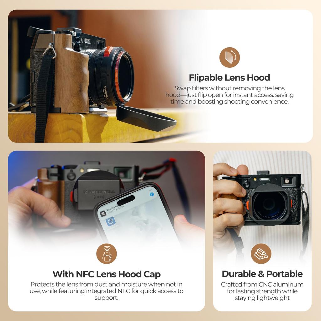 Freewell FUJI X100VI X100V X100 X100S X100F X100T Integrated Filter Lens Hood with Hybrid CPL Black Mist Silver & Filter, (FW-FU-XSR)