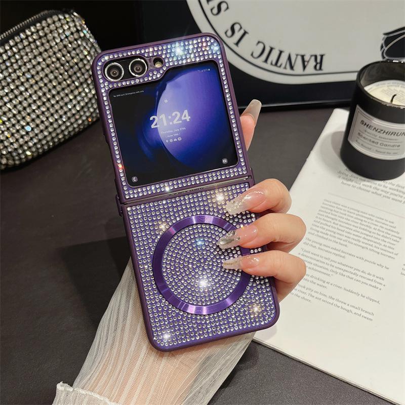 Diamond Magnetic Protective Case with Lanyard for Samsung Z Flip 6/7, Compatible with Wireless Charging