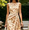 2026 Summer Sleeveless Leopard Print Midi Dress, Beige Waist Tie Work Casual Dress
