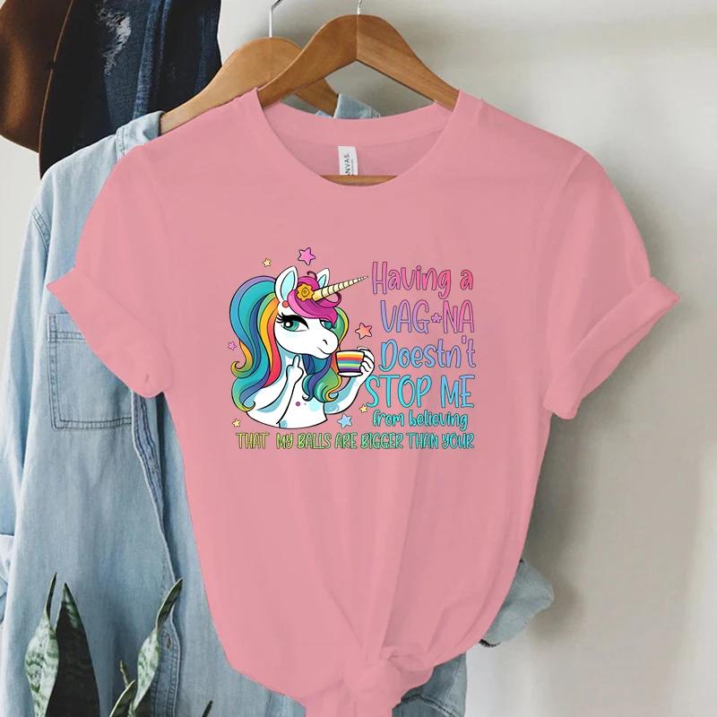 Rainbow Unicorn T Shirt Funny Cartoon Tops Summer Women Streetwear Y2K Aesthetic T Shirts Grunge Harajuku Tee Shirt Female