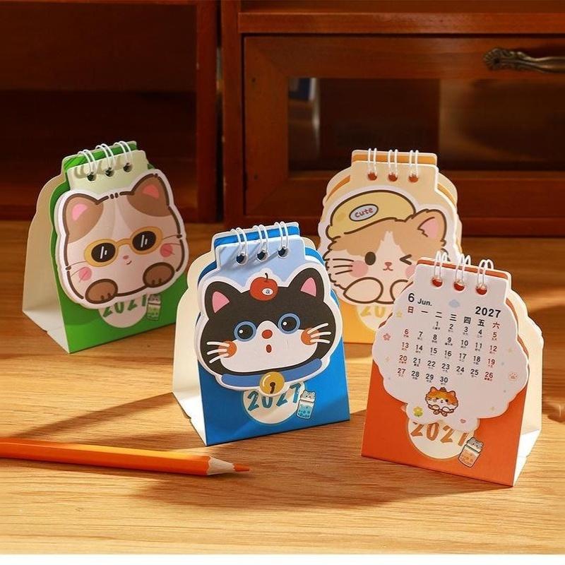 2027 Mini Desktop Calendar Cartoon Cat Prints Desk Calendar Portable Office Home Decoration