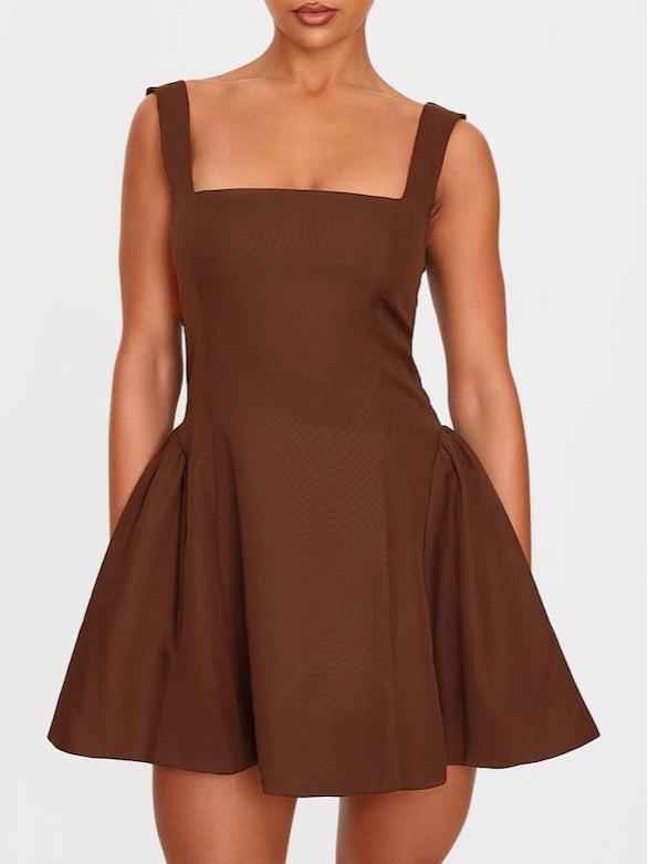 Women's Sleeveless Square Neck Cinched Waist Mini Flared Party Dress