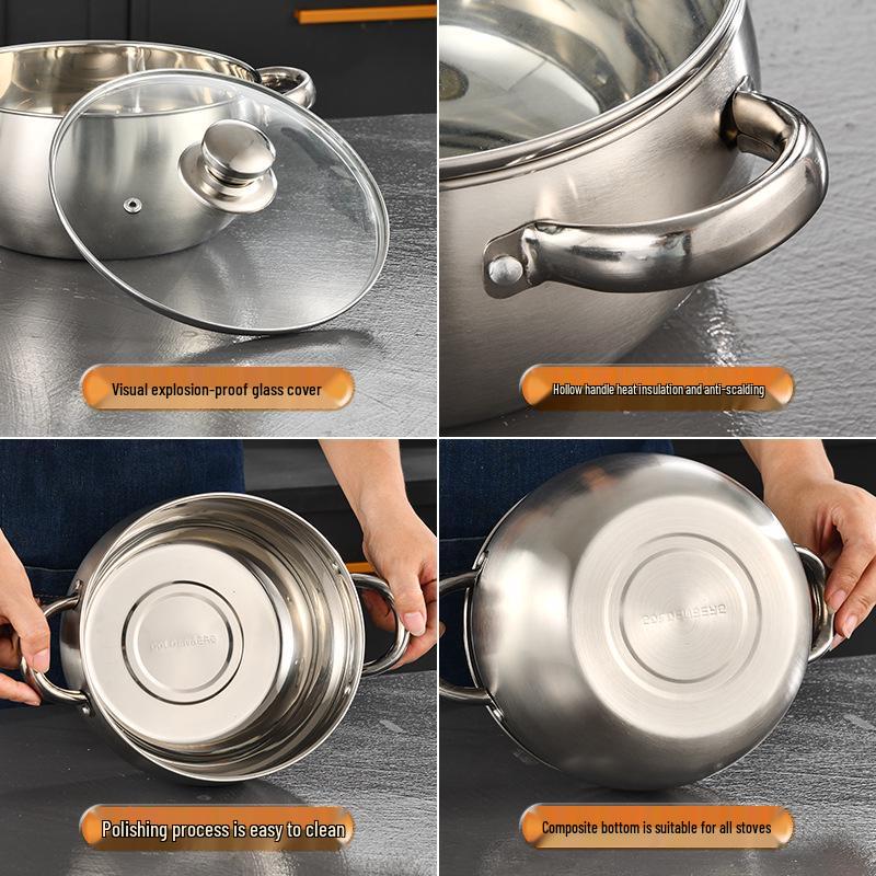 Stainless Steel Double-Ear Stockpot Set: Thickened Arc Design for Soup, Noodles, and More - 3-Piece Household Cookware Set.