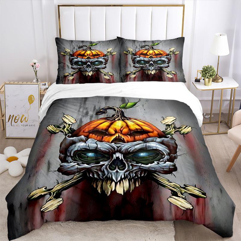 3pcs bedding set Pumpkin Skull Includes 1 Comforter + 2 Pillowcases, Without Pillow Inserts, Soft Comfortable, Lightweight Breathable, Print